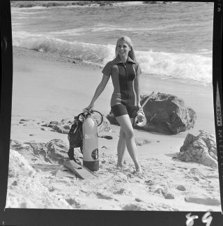 Vtg 1960 Photo Film Negative Beach Girl Scuba Diver Gear Wetsuits Aqua Lung 1