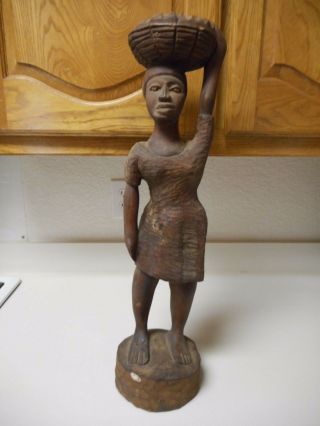 Solid Wood Hand Carved African Lady With Basket On Head 23 Inches Tall
