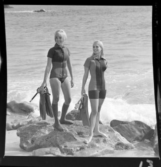 Vtg 1960 Photo Film Negative Beach Girls Scuba Diver Gear Wetsuits Aqua Lung 3