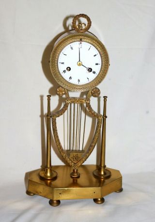 19th Century French Bronze Dore Lyre Clock Antique Key Wind