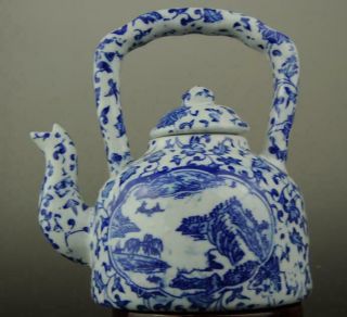 Chinese Old Blue & White Porcelain Hand Painted Landscape Teapot/kangxi Mark B02