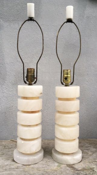 Pair Art Deco Carved Table Lamps White Alabaster Vintage