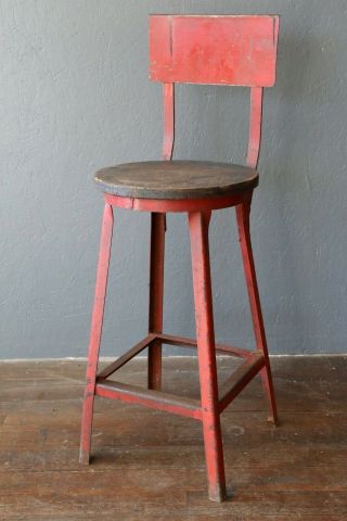 Vintage Industrial Drafting Chair Metal Stool Red Workbench Desk Machinist Old