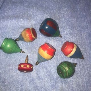 6 Vintage Wooden Spinning Tops With Metal Tip Japan Stamp,  Tinker Toy Top