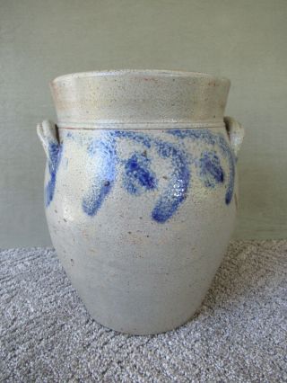 Antique Crock,  Ovoid Stoneware,  2 Gallon Cobalt Slip,  Salt Glaze,  Primitive