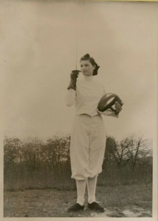 Vintage Photo Young Woman With Fencing Sword And Mask