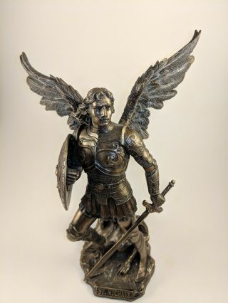 9.  5 " St Michael Archangel Sword & Shield Demon Figurine Statue Bronze Finish