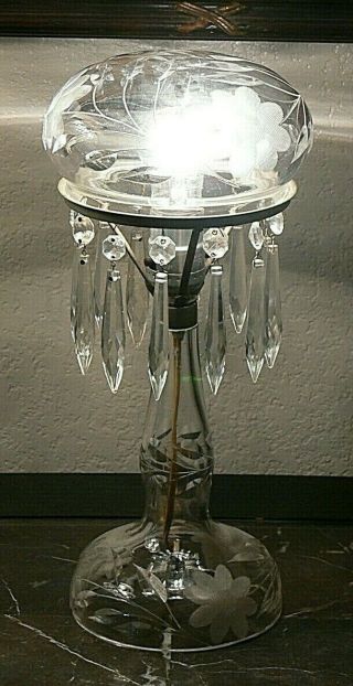 14 Inch Cut Glass Mushroom Top With Prisms Boudoir Lamp Table Circa 1900 To 1920