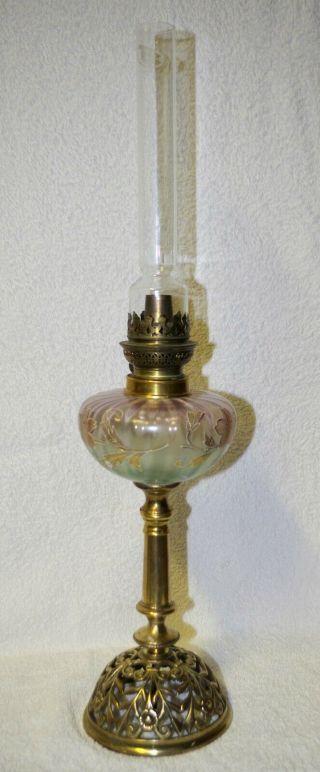 French Graduated & Enamelled Glass On Solid Pierced Brass Base Kerosene Oil Lamp
