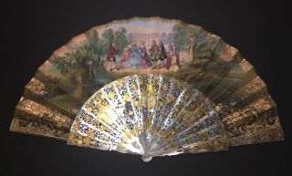 Great Antique French Carved Mother Of Pearl Gold Inlay Figural Rococo Style Fan