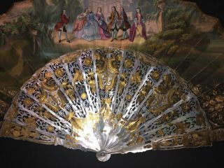 GREAT ANTIQUE FRENCH CARVED MOTHER OF PEARL GOLD INLAY FIGURAL ROCOCO STYLE FAN 2