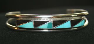 Zuni 925 Sterling Silver Turquoise Onyx Bracelet Signed C R Zunie Charlene Zunie