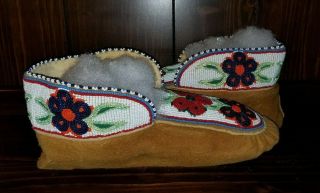 Vintage Native American Hand Made Beaded Leather Moccasins 11 " Long
