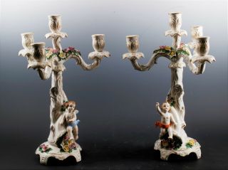 Antique Hand Painted Porcelain Cherub Figurine Candelabra Capodimonte Pair