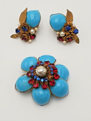 Vintage Miriam Haskell Faux Turquoise & Rhinestones Brooch & Earring Set