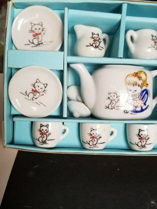 VINTAGE CHILDS TOY CHINA TEA SET GIRL AND KITTY JAPAN 2
