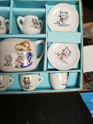 VINTAGE CHILDS TOY CHINA TEA SET GIRL AND KITTY JAPAN 3