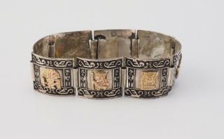 Vintage Peruvian Sterling Silver 18k Gold Inca Gods Ethnic Panel Bracelet Peru