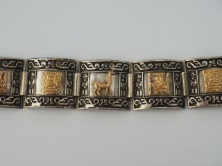 Vintage Peruvian sterling silver 18k gold Inca Gods ethnic panel bracelet Peru 2