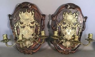 2) Antique French Art Nouveau Lady Bust Brass Carved Wood Old Wall Candle Sconce