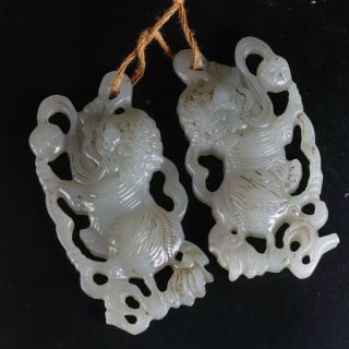 A Pair Chinese Hetian Jade Carved Jade Pendant Statue B3304