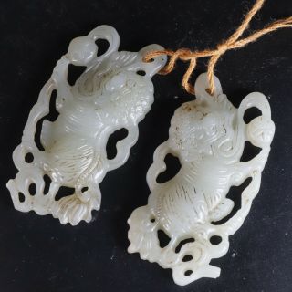 A pair Chinese Hetian jade carved jade pendant statue B3304 2
