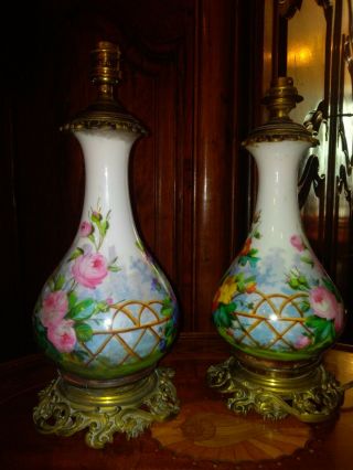 French Antique Pair Lamp Porcelain Of Paris,  Flowers Porcelain.  19 Th