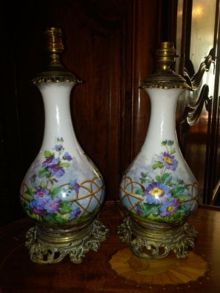 French antique Pair lamp porcelain of Paris,  flowers porcelain.  19 th 2