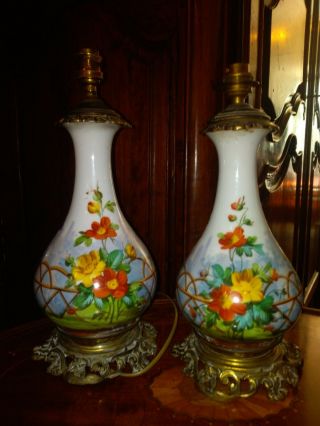 French antique Pair lamp porcelain of Paris,  flowers porcelain.  19 th 3