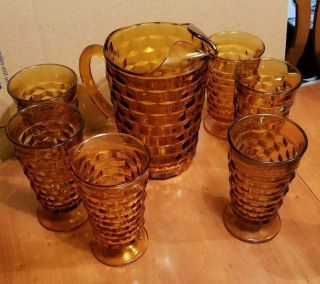 Vintage Fostoria American Amber Pitcher With Ice Lip & 6 Tumblers