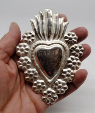 Antique Sacred Heart Jesus Ex Voto Miracle 6 Grams Sterling Silver 925 Z - 17