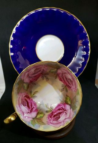 Aynsley Cobalt Blue Oban Shape Pink Roses Teacup And Saucer