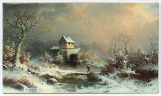 Antique American Hudson River School Winter Signed Landscape Painting John Zang