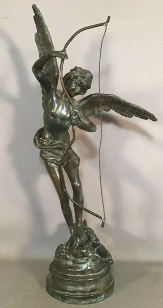 Lg Vintage Art Nouveau Style Bronze Sculpture Winged Cupid Old Nude Man Statue