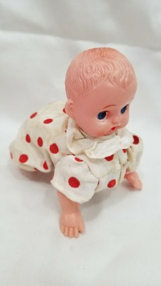 Vintage Baby Crawling Celluloid Windup Doll Polka Dot Outfit Key Wind