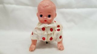 Vintage Baby Crawling Celluloid Windup Doll Polka Dot Outfit Key Wind 3
