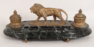 Antique French Gilt Bronze Lion Figural Ormolu Verde Marble Desk Top Inkwell