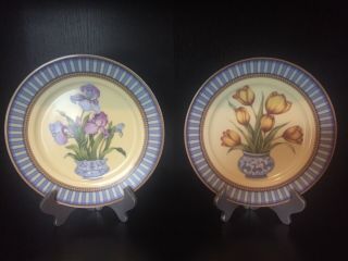 Set Of 2 Email De Limoges 1855 Decorative Plates 7.  5 " Blue Vases Irises Tulips