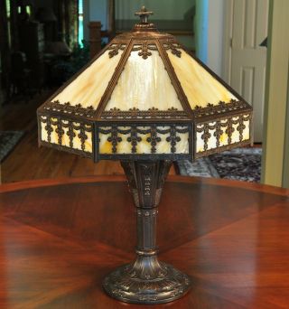 Large Antique Arts And Crafts Slag Glass Lamp Miller B&h