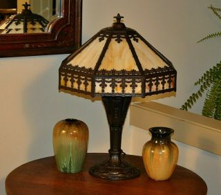 Large Antique Arts and Crafts Slag Glass Lamp Miller B&H 2
