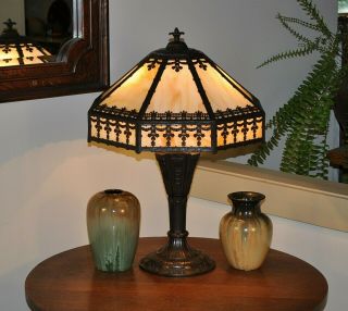 Large Antique Arts and Crafts Slag Glass Lamp Miller B&H 3