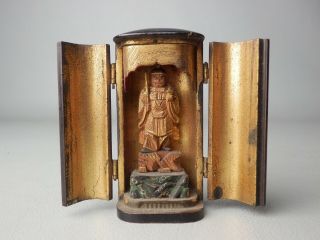 Japanese Antique Carry Around Mini Buddhist Gurdian Tamonten Statue Zushi Shrine