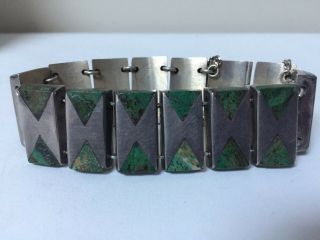 Vintage Mexico Sterling Silver Link Bracelet With Green Inlaid Stones