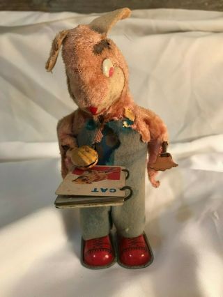 Mechanical Tin Rabbit Toy Reading Book Antique Wind Up Still Runs Made In Japan