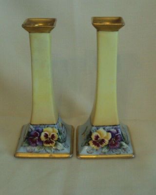 Vtg.  Set Of B & C Co.  Limoges France Porcelain Hand Painted Pansy Candle Sticks
