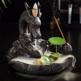 Porcelain Dragon Lotus Smoke Tower Backflow Ceramic Cone Incense Burner Holder