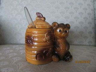 Armbee San Francisco Ceramic Honey Bear Jar Container With Lid And Spoon