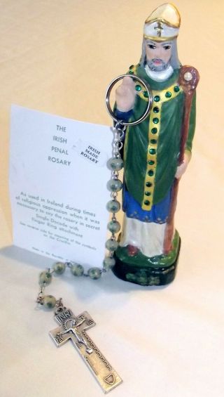 Hand Made Miniature Jeweled St Patrick Statuette Irish Penal Rosary W/card