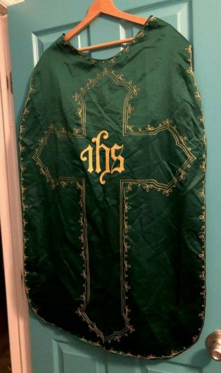 Gorgeous Vintage Catholic Priests Green Silk Fiddleback Chasuble Gold Embroidery