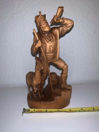 Vintage Swiss Black Forest Wood Carving Statue Hunter Goat Ram Horn C1900 Brienz